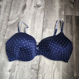 Cacique 42DDD Lightly Lined TShirt Bra Underwire Padded Navy Polkadot‎